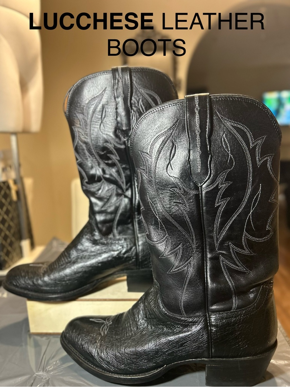 Lucchese Black Leather Embroidered Western Boots